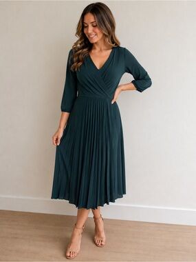 BCBGMaxAzria Teal Wrap Pleated Midi Dress